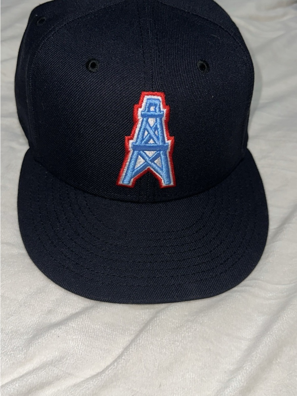 Kids Navy Blue Baseball Hat with Light Blue & Red Oil Derrick Patch